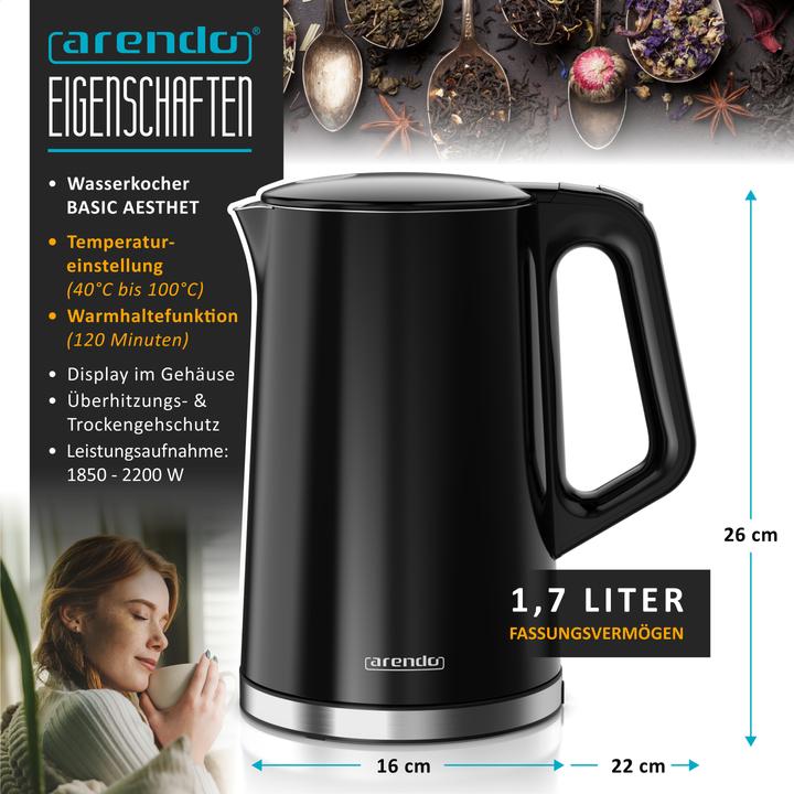 Produktbild Arendo Wasserkocher 1,7 L aus Edelstahl, Temperatureinstellung 40°-100°C mit Anzeige, Doppelwand, 2200 W (1.70 l)