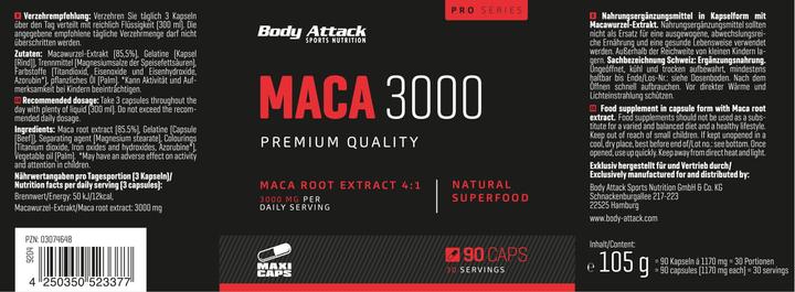 Nährwerte und Zutaten Body Attack Maca 3000 (90 Stück, Kapseln, 105 g)