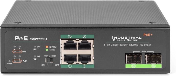 Produktbild Digitus Industrieller 4-Port Gigabit PoE+ Switch mit 2 x SFP Uplink (4 Ports)