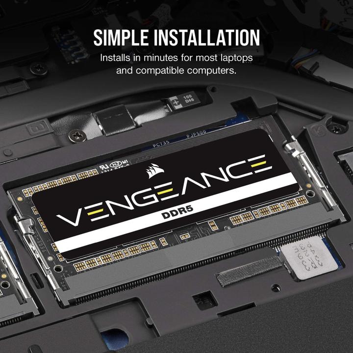 Actual product image Corsair DDR5, 5600MT/s 64GB 2x32GB SODIMM, Unbuffered, 48-48-48-90, Black PCB, Std PMIC, 1.1V, VENGEANCE DDR (2 x 32GB, 5600 MHz, DDR5 RAM, SO-DIMM)