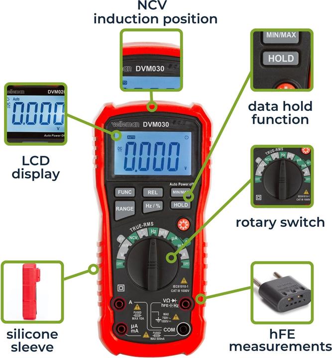 Actual product image Velleman Robust true RMS digital multimeter with automatic measuring range - CAT III - 1000 V - 8 Fu (CAT III)