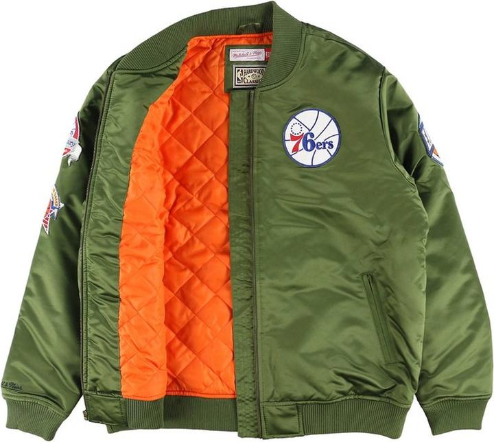 Actual product image Mitchell & Ness M&N Satin Bomber Veste - FLIGHT Philadelphia 76ers olive (M)