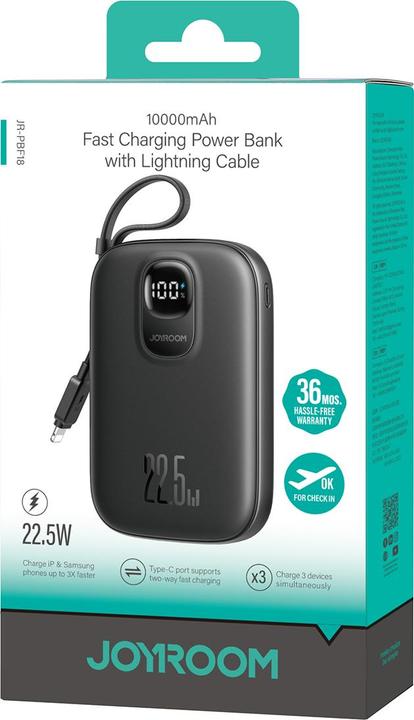 Produktbild Joyroom JR-PBF18 22.5W 10000mAh Powerbank with Built-in Lightning Cable + USB-C Cable 0.25 cm - Blac (10000 mAh, 22.50 W)