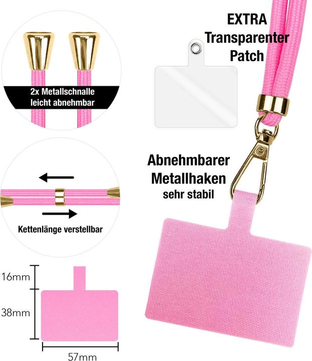 Produktbild Nalia Handyband + Pad für Hülle zum Umhängen, Karabinerhaken Anhänger aus Metall (gold)