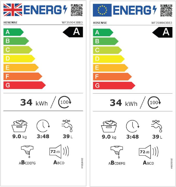 Etichetta energetica Hisense WF3S9043BB3 (9 kg, A sinistra)
