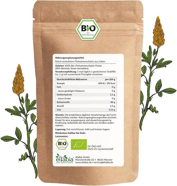 Produktbild Eltabia Bio Flohsamenschalen Pulver | 99% Reinheit Flohsamen Schalen gemahlen (100 Stück, Pulver, 100 g)