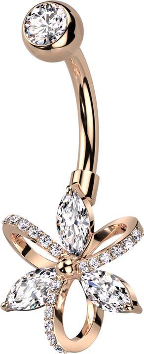 Star Piercing Banane rosegold mit Kugel Kristall silber und Blütenblätter Kristalle silber in Masche (Messing, Chirurgenstahl 316L)