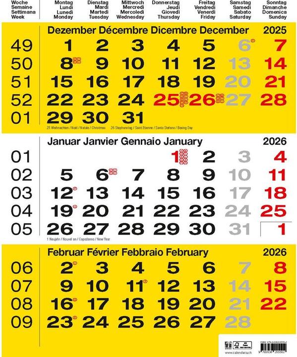 Produktbild 3-Monats-Kalender gelb 2026 (31 x 40 cm, Französisch, Deutsch)