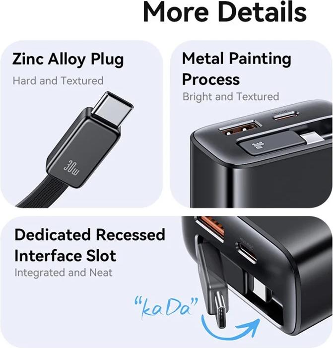 Immagine prodotto Usams CC296 30W Fast Charger With Retractable Type-C Cable (EU) - Xiang Series White (30 W)