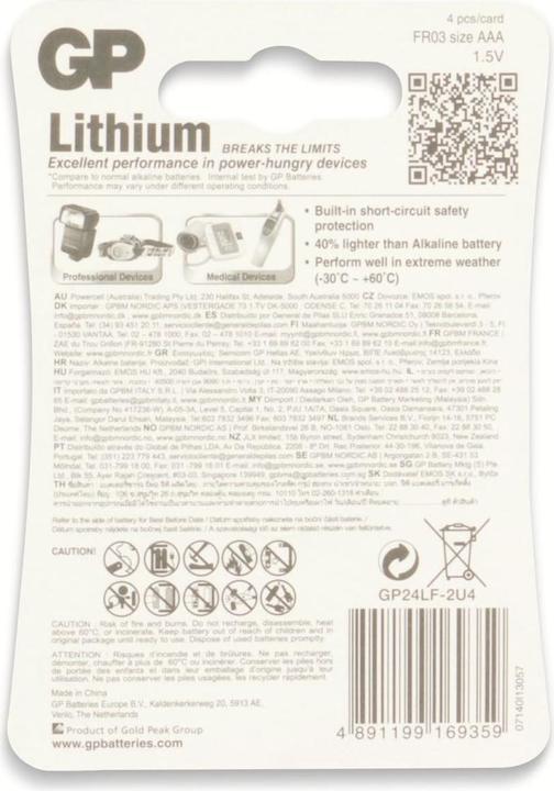 Valori nutrizionali e ingredienti GP Batteries Excellent Lithium Micro (4 pz., AAA)