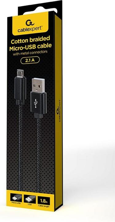 Actual product image Gembird Cotton braided Micro-USB cable with metal connectors, 1.8 m, black (1.80 m, USB 2.0)