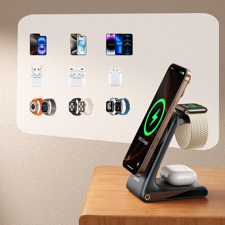 Actual product image Joyroom JR-W15 Wireless Charger 3 in 1 Charging Station with MagSafe - Black (15 W)