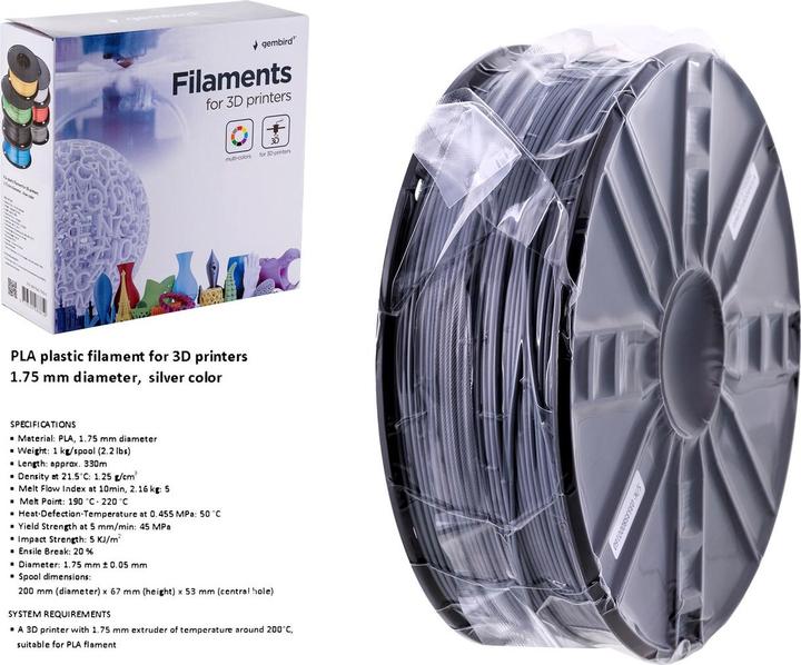 Image du produit Gembird Cassette de filament PLA bobine étroite (PLA, 1.75 mm, 1000 g, Argent)