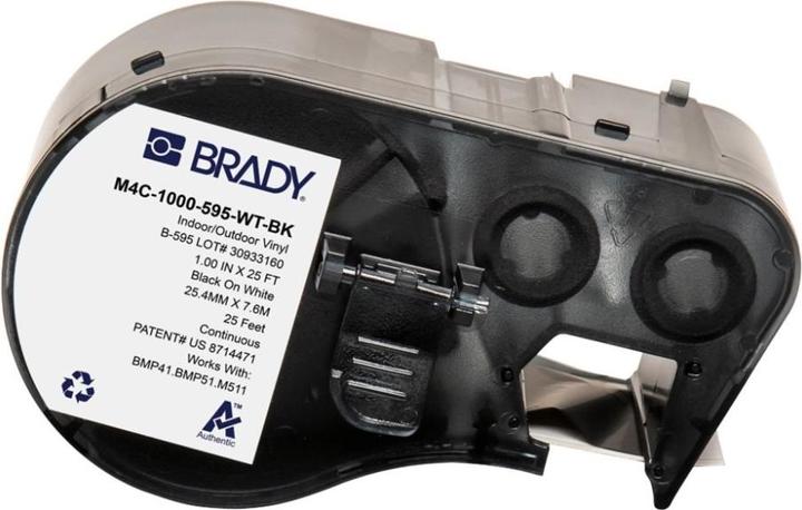 Actual product image Brady M4C-1000-595-WT-BK, vinyl, black on white, 25.40 mm x 7.62 m, permanent, continuous
