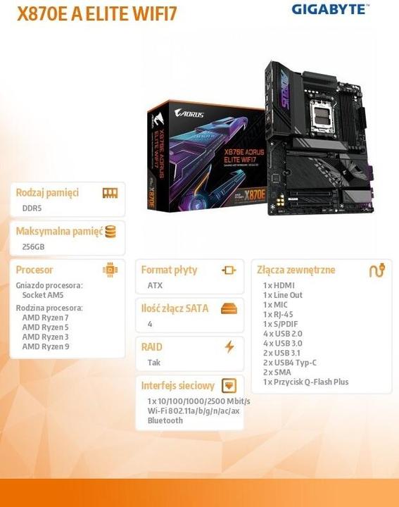 Image du produit Gigabyte X870E AORUS ELITE WIFI7 (AM5, AMD X870E, ATX)