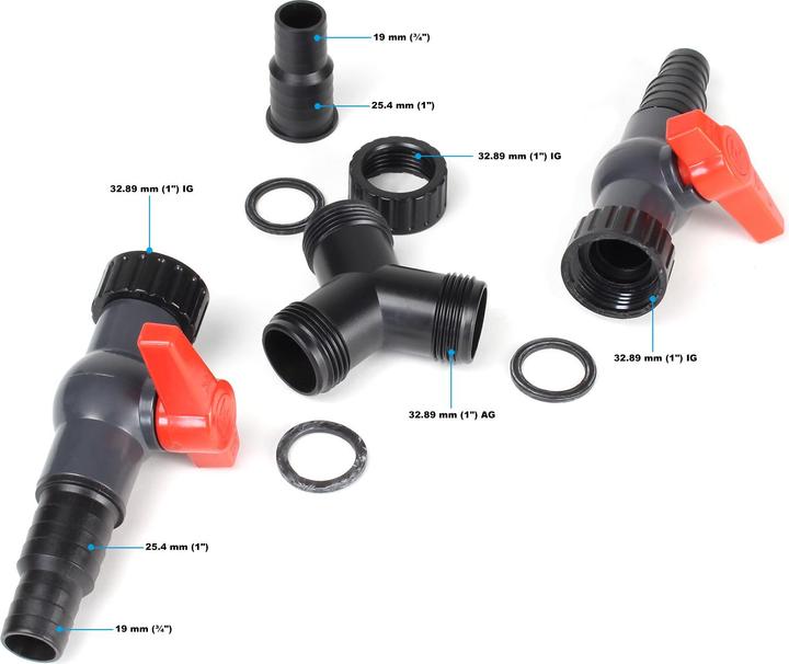 Produktbild SunSun Y Verteiler 20 mm 25 mm 3/4" 1" 2x Absperrhahn Kugelhahn Mengenregulierung