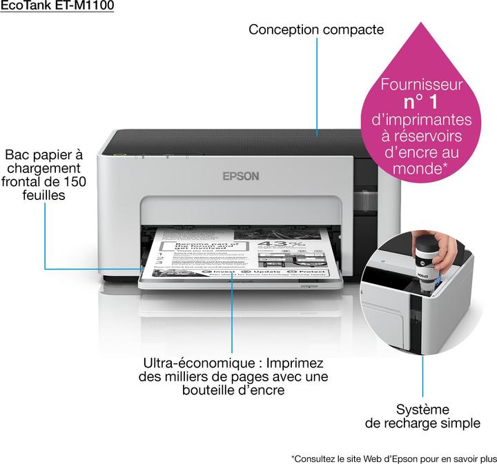 Produktbild Epson EcoTank M1100 - 1440 x 720 DPI - 1 - A4 - 15000 Seiten pro Monat - 32 Seiten pro (Tintentank, Schwarz-Weiss)