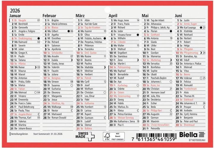 Image du produit Biella Calendrier tableau (16,5 x 11,5 cm, Non contraignant, Allemand)