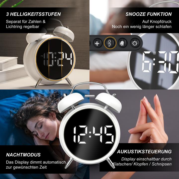 Produktbild Bearware Wecker digital, rund, Lichtring, Retro, lauter Glockenalarm, Zeit und Datum, Beleuchtet, ohne Ticken