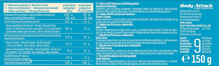 Nährwerte und Zutaten Body Attack Low Sugar Cookies (115g) (Chocolate, Coconut, Haselnuss, Mandel, 1 Stk., 115 g)