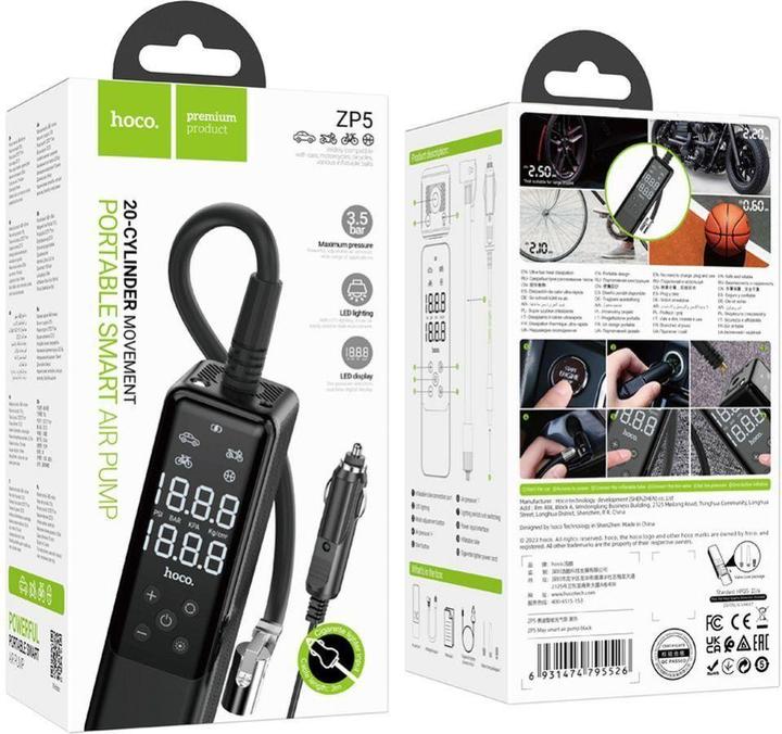 Produktbild Hoco - Car Air Pump May (ZP5) - for Car, Motorcycle, Bike and Basketball, 3.5bar - Black (3.50 Bar)