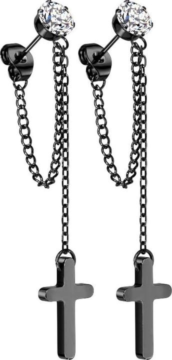 Star Piercing Ohrstecker schwarz mit rundem Kristall silber Anhänger Kette mit Kreuz (ohne Messing, Chirurgenstahl 316L)