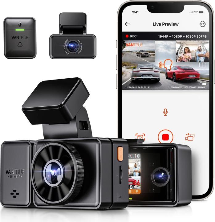 Produktbild Vantrue E3 3 Lens Dashcam 5GHz (Akku, Eingebautes Display, Eingebautes Mikrofon, Nachtsicht, GPS-Empfänger)