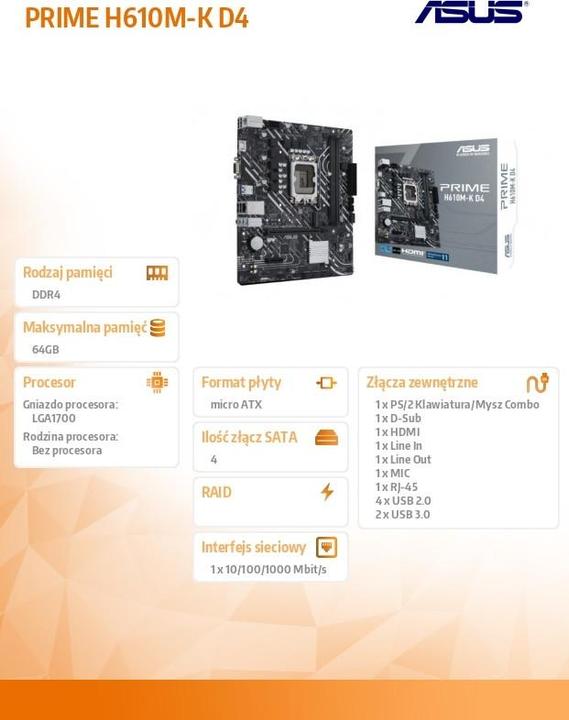 Immagine prodotto ASUS PRIME H610M-K D4 (LGA 1700, Intel H610, mATX)