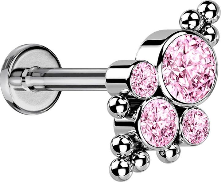 Star Piercing Micro Threadless Labret silber Kugeln vier Kristalle pink (ohne Messing, Titan G23)