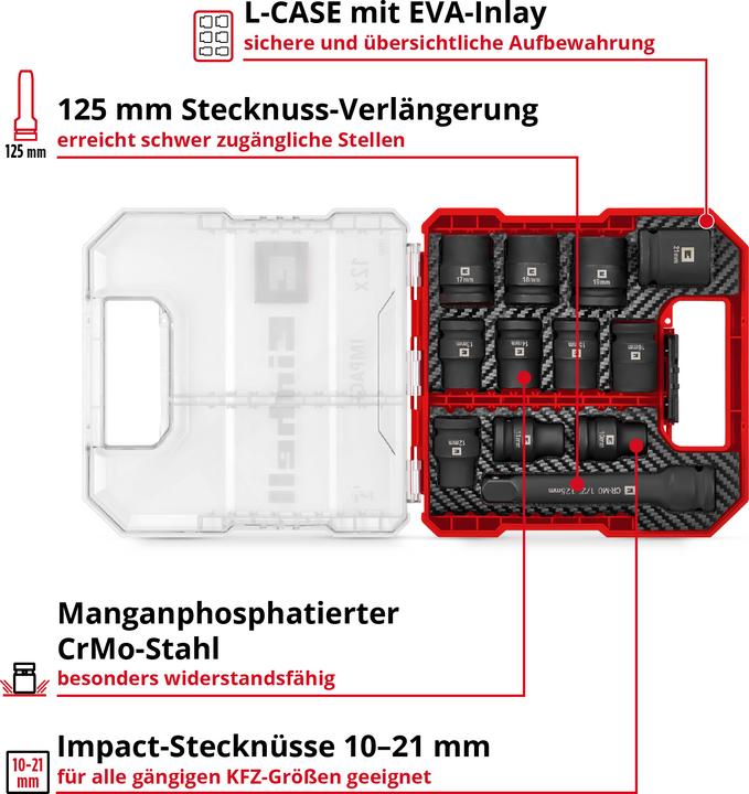 Actual product image Einhell Impact Stecknuss-Set, 109283, 12-teilig (18 mm, 15 mm, 11 mm, 21 mm, 16 mm, 12 mm, 14 mm, 17 mm, 13 mm, 19 mm, 10 mm)