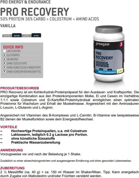 Nährwerte und Zutaten Sponser Pro Recovery 50/36 (Vanille, 1 Stk., 900 g)