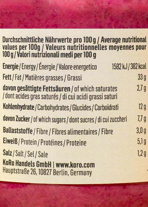 Nutritional values and ingredients KoRo Bio Rote Bete Meerrettich Aufstrich (2280 g)