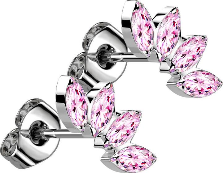 Actual product image Star Piercing Threadless stud earrings silver fan with four crystals pink (Titanium G23, without brass)