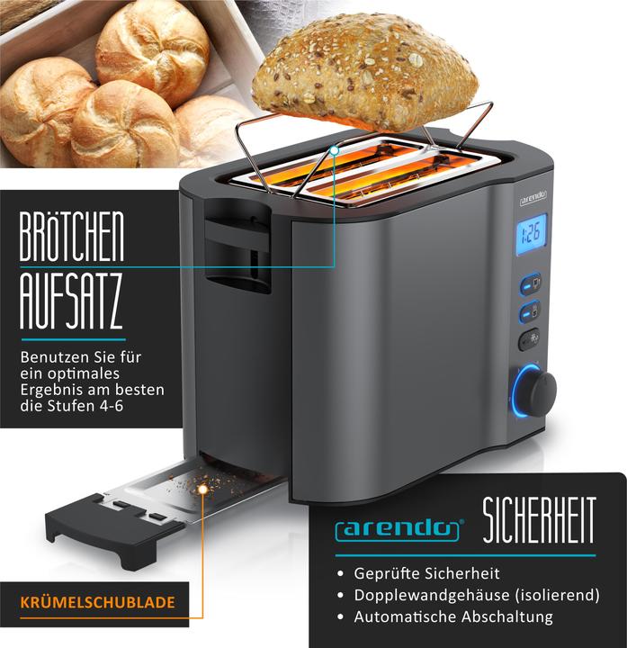 Produktbild Arendo Toaster Edelstahl 2 Scheiben Kurzschlitz, Brötchenaufsatz, Doppelwand, Display mit Restzeitanzeige