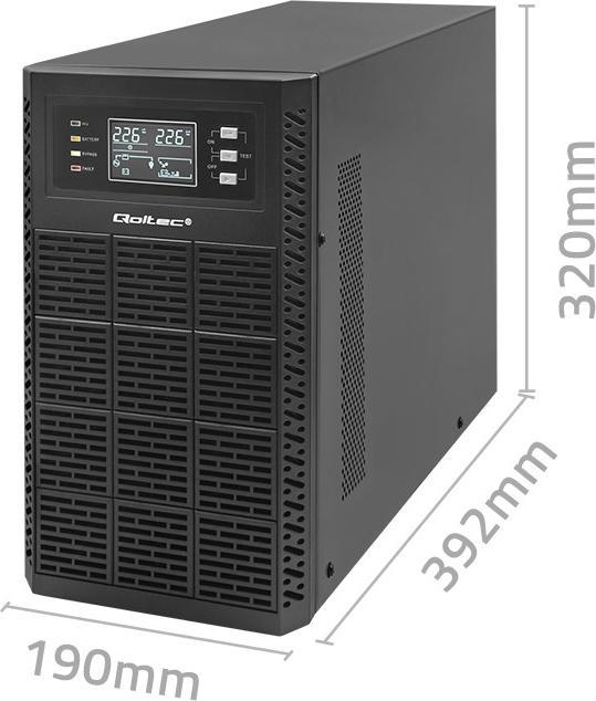 Produktbild Qoltec ZASILACZ AWARYJNY UPS 3KVA | 3000W | POWER FACTOR 1.0 | LCD | EPO | USB | ON-LINE (3 VA, 3000 W, Online-Doppelwandler USV)
