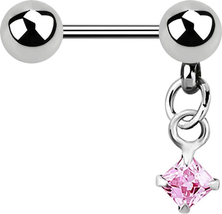 Star Piercing Micro Barbell silber mit Kugel und Anhänger Quadrat Kristall pink (ohne Messing, Chirurgenstahl 316L)