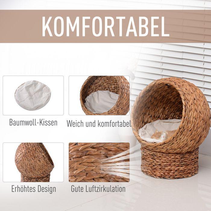 Produktbild Swisshandel24 Rattan Katzenkorb Katzenhöhle Katzenhütte Katzenbett mit Kissen Haustierbett Wasserhyazinthe Hellbra (Katze)