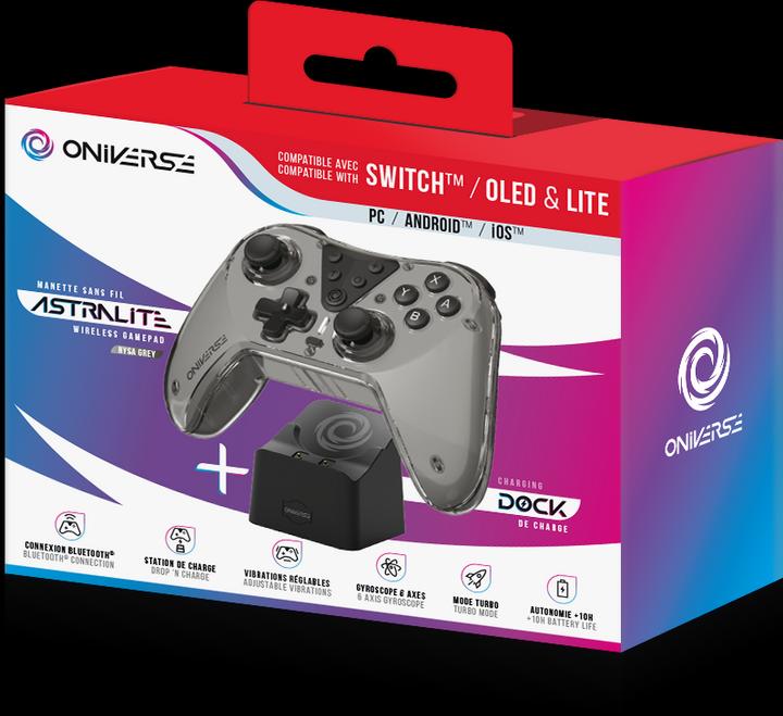 Produktbild Oniverse Nintendo Switch Astralite Controller Wireless Smoked Black inkl. Charging Station (Android, Switch OLED, PC, iOS, Switch, Switch Lite)