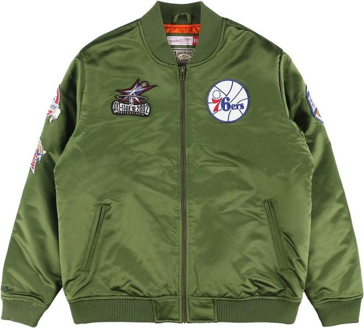 Actual product image Mitchell & Ness M&N Satin Bomber Veste - FLIGHT Philadelphia 76ers olive (M)