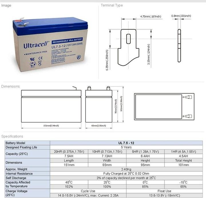 Produktbild Ultracell UL7.5-12 Blei Akku 12 Volt mit 7,5 Ah und 4,8mm Kontakten (7500 mAh)