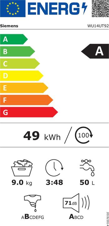 Energie-Label Siemens iQ500 WU14UT92 (9 kg, Links, EU-Stecker)
