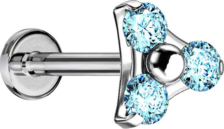 Star Piercing Micro Labret Innengewinde silber Dreieck drei Kristalle aqua (Titan G23, ohne Messing)