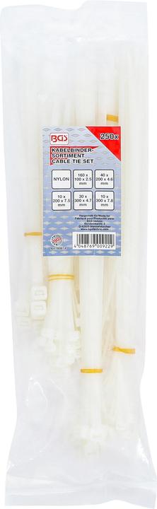 Produktbild BGS Kabelbinder-Sortiment weiss verschiedene Grössen 250-tlg. (Kunststoffkabelbinder, 300 mm, 250 Stk.)