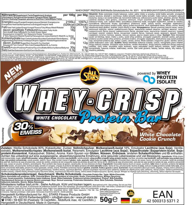 Produktbild All Stars Whey Crisp (Weisse Schokolade, 25 Stk., 1250 g)