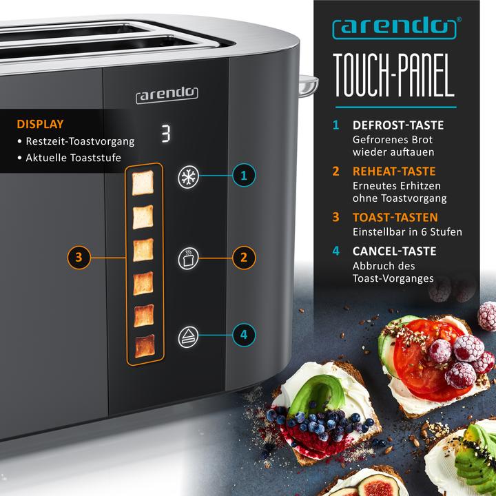 Produktbild Arendo Toaster Edelstahl 4 Scheiben Langschlitz, Touch Display, Bräunungsgrad & Restzeitanzeige, 1500 W (EU-Stecker)