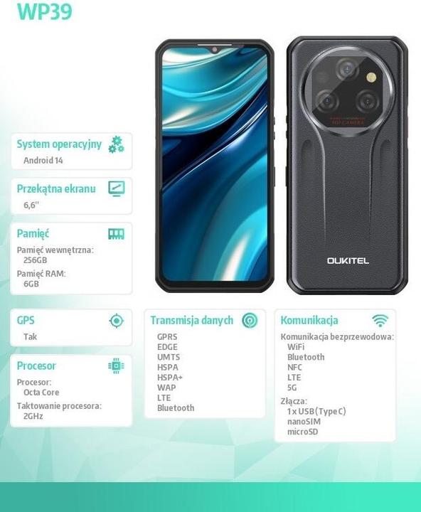 Image du produit Oukitel WP39 (256 Go, Grey, 6.60", Double SIM hybride, 64 Mpx, 5G)