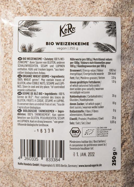Nährwerte und Zutaten KoRo Bio Weizenkeime teilentölt (1 Stk., 250 g)