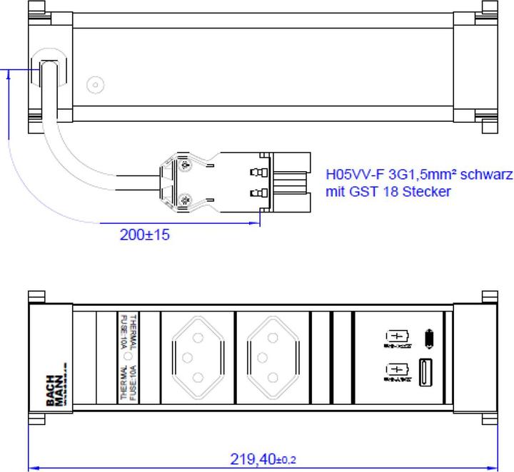 Actual product image Bachmann Built-in power strip POWER FRAME 2x T13, 1x USB A/C (2 x, Type 13, USB-A, USB-C, 0.20 m)
