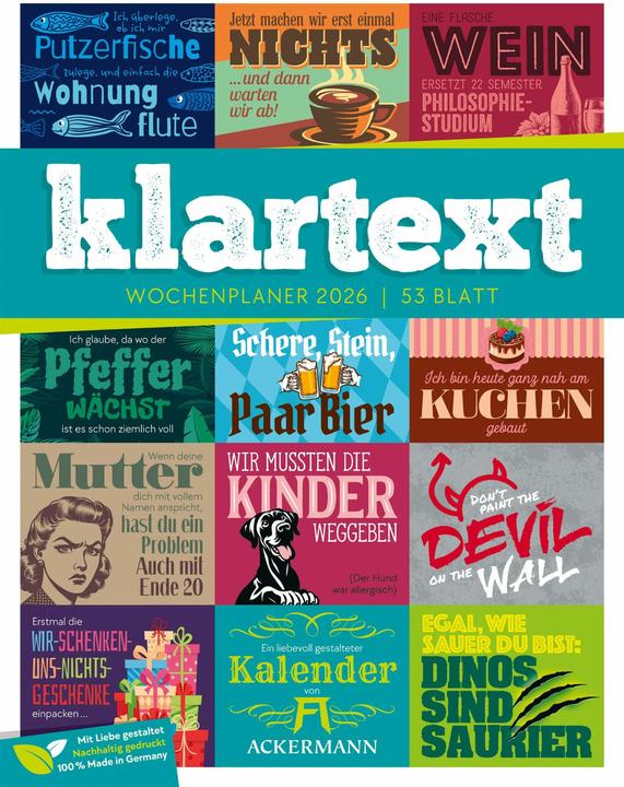 Produktbild Klartext Sprüchekalender - Wochenplaner Kalender 2026 (25 x 33 cm, Harter Einband, Deutsch)