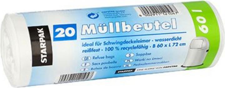 Actual product image Papstar Bin liners 72 x 60 cm (W x H) 17µm 60l white 20 pcs/pack. (20 x, 60 l)